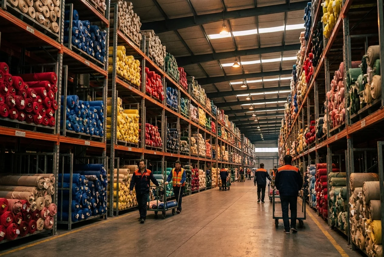 Berun fabric warehouse — GSM-sorted fabric rolls
