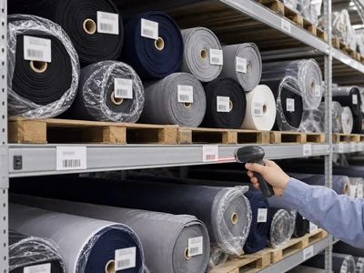 Labeled fabric rolls on rack