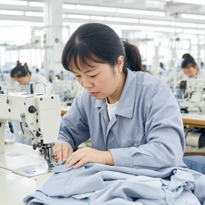 Operator at sewing workstation