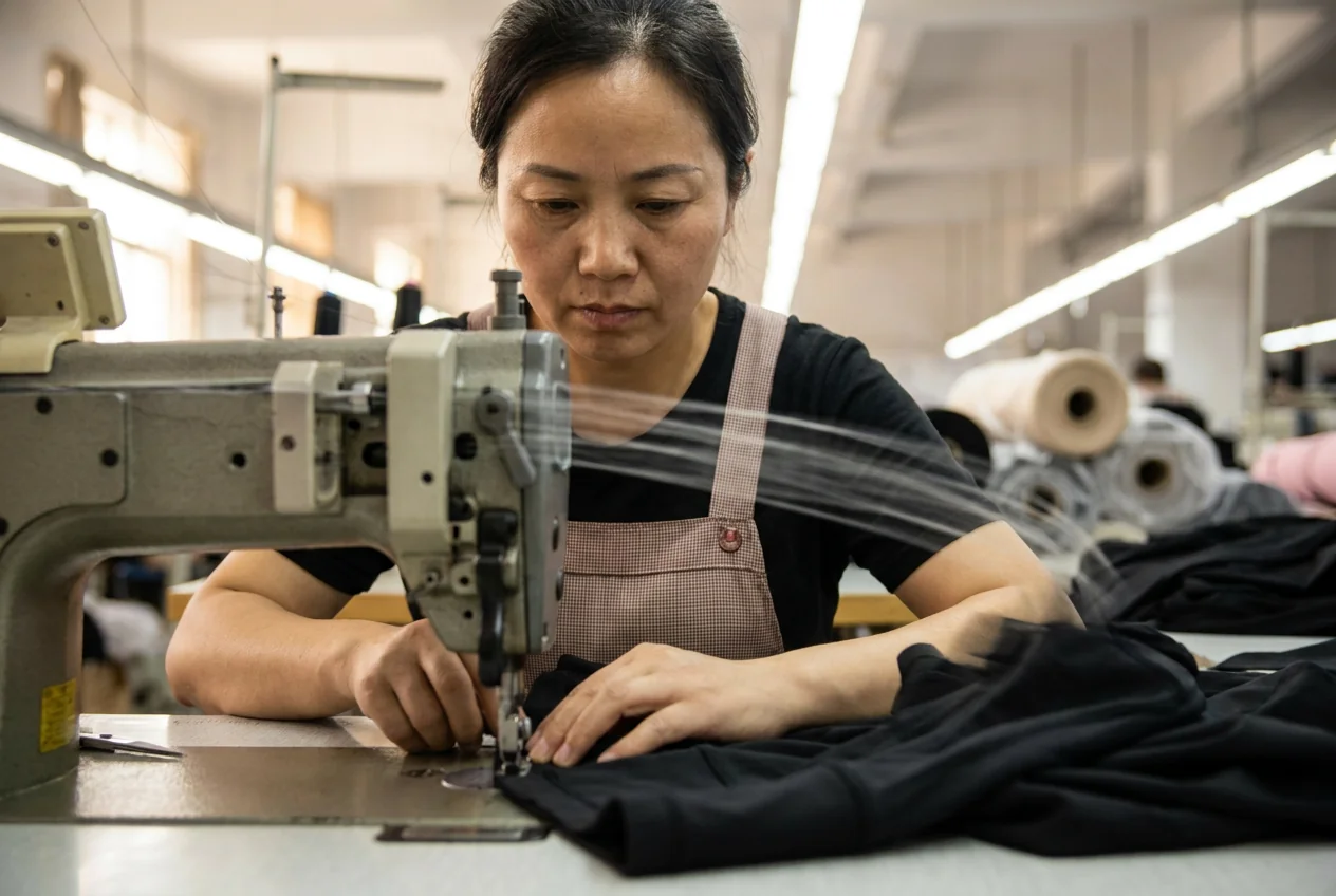 Machinist sewing activewear leggings