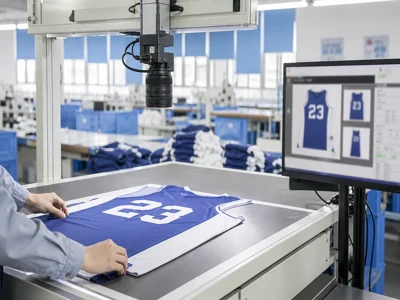 Overhead camera QC station for basketball jersey two-panel registration