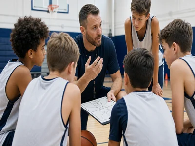 Youth basketball coach with team