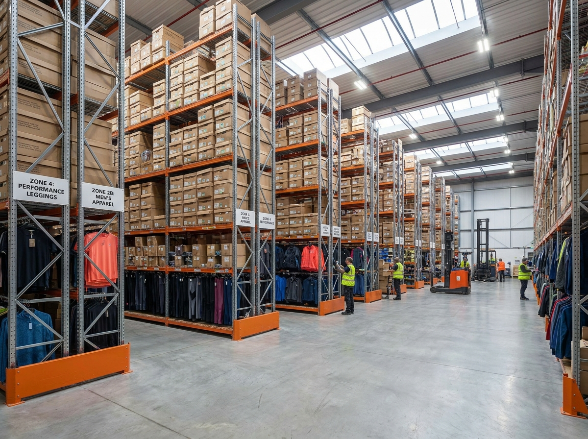 Wholesale distribution warehouse with apparel on shelving racks