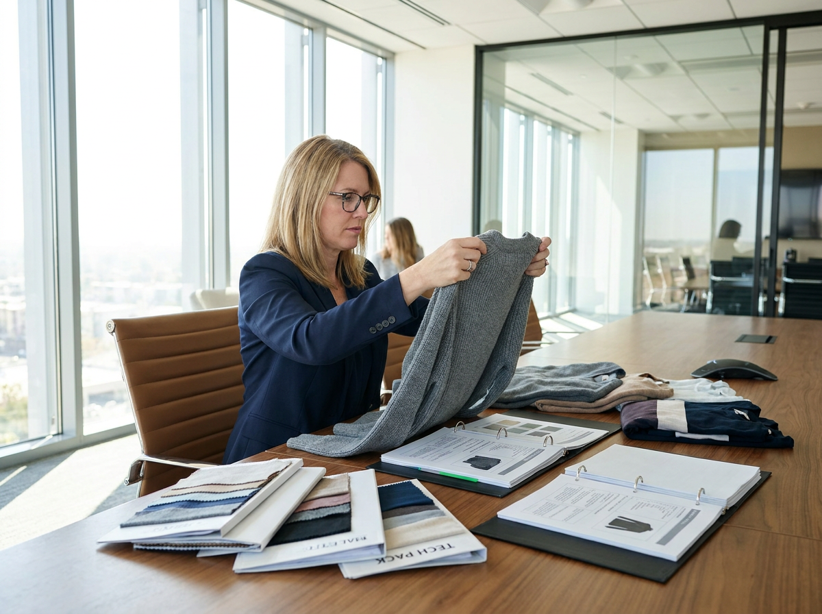 Sourcing director reviewing garment samples in a brand office