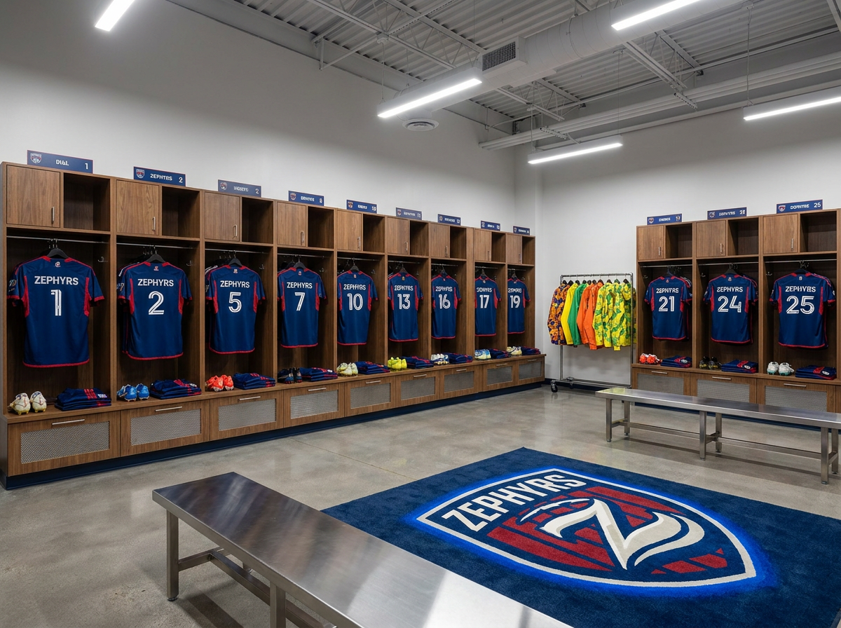 Sports team locker room with matching kit jerseys lined up