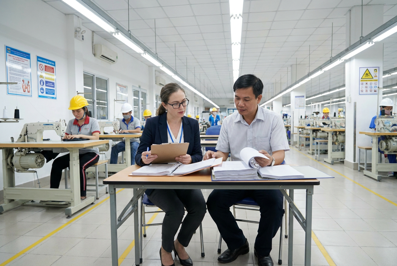 BSCI social compliance audit — factory inspector reviewing worker conditions