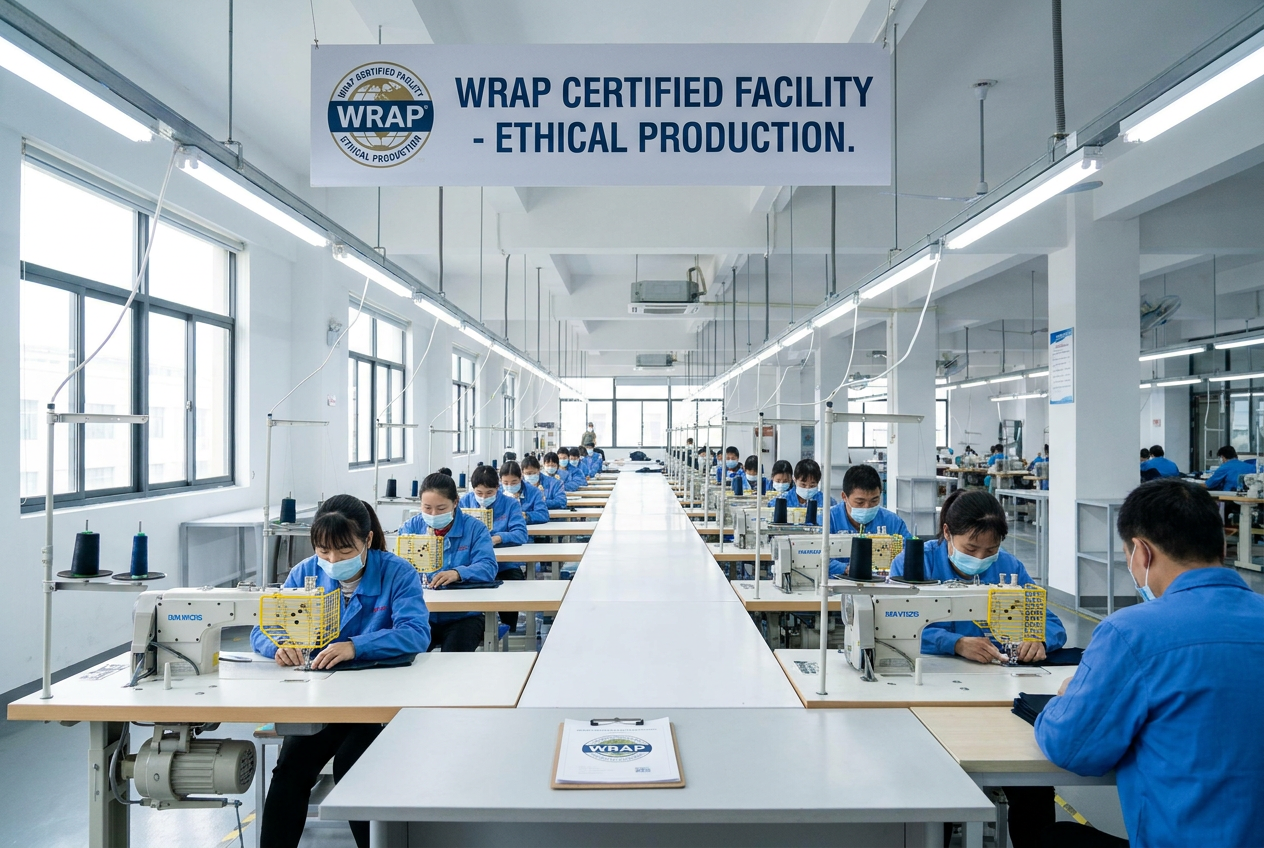WRAP Gold certified factory — ethical production floor with workers