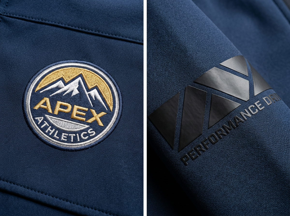 Close-up of embroidery crest and silicone print logo on activewear garment