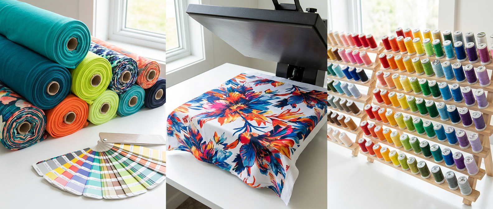 Activewear knit fabric rolls, swatch color cards, sublimation and embroidery close-ups