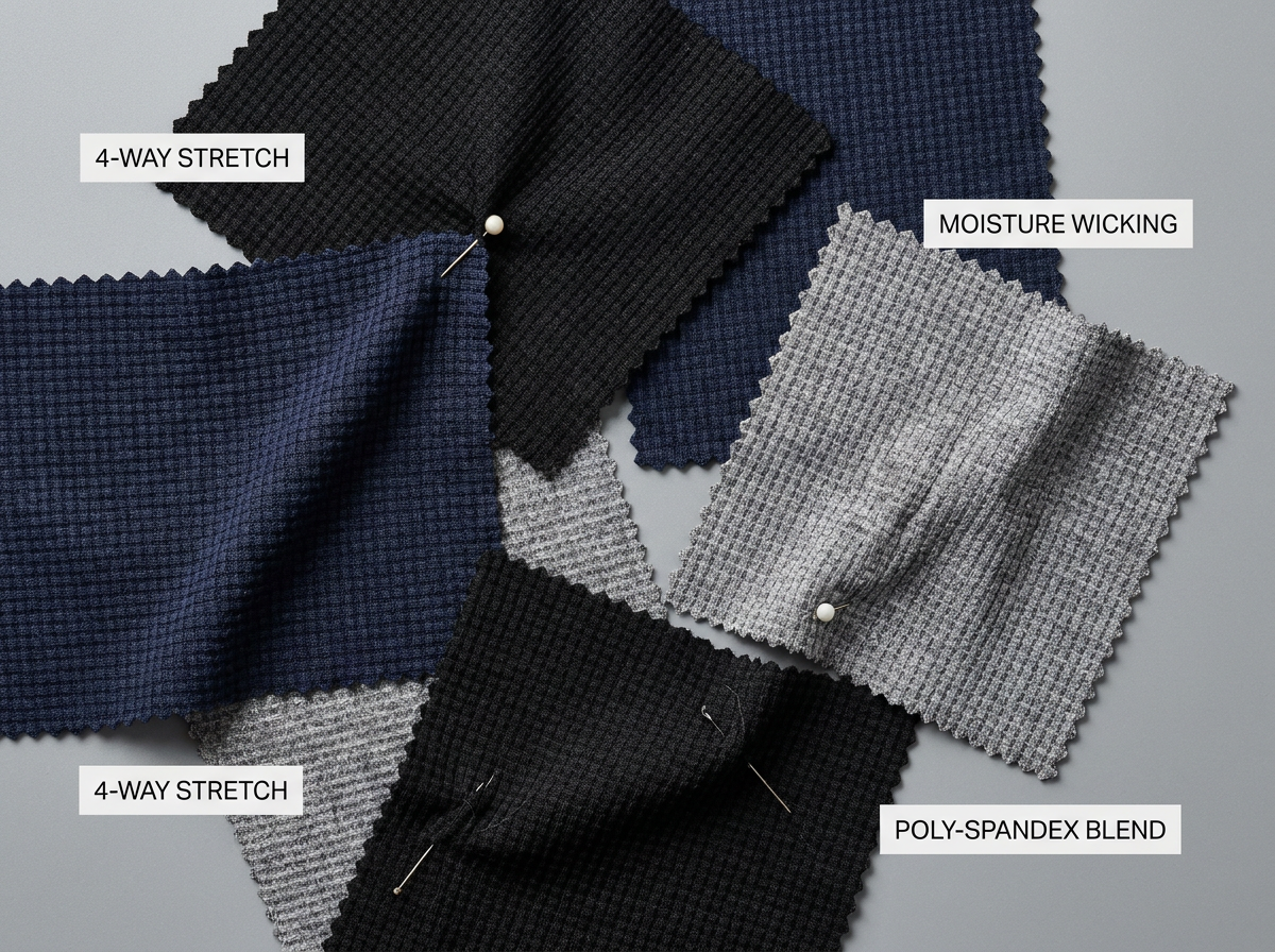 Close-up of knit activewear fabric swatches showing four-way stretch and texture