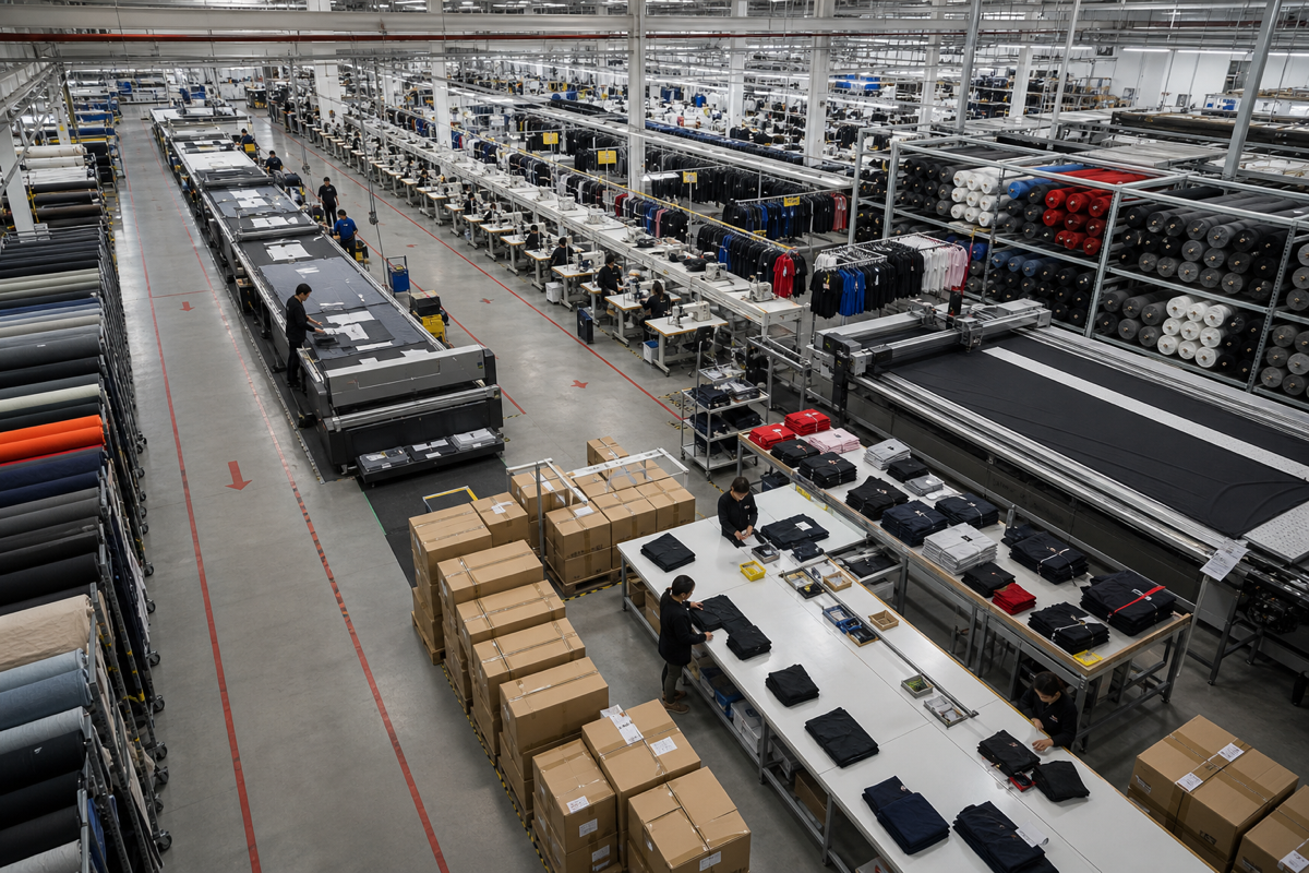 Factory overhead view showing production lines, cut-and-sew stations and packing area