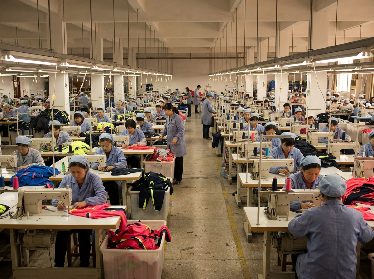 Cut-and-sew floor with operators and inline QC on every line