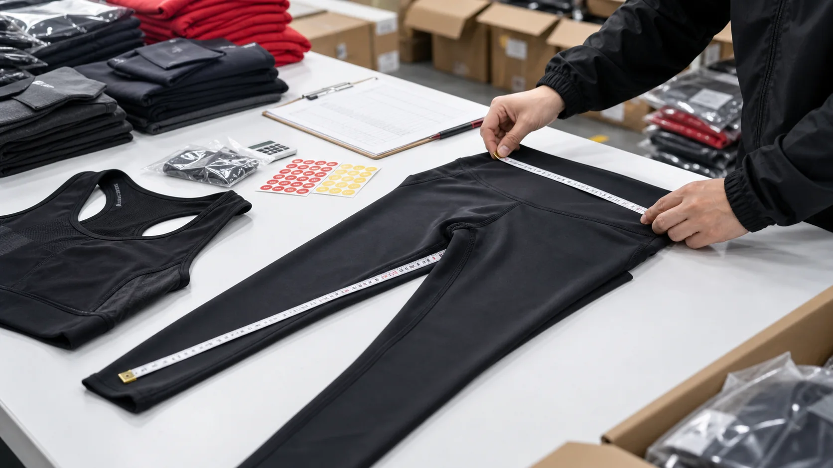 QC inspector measuring garment POM points with measuring tape