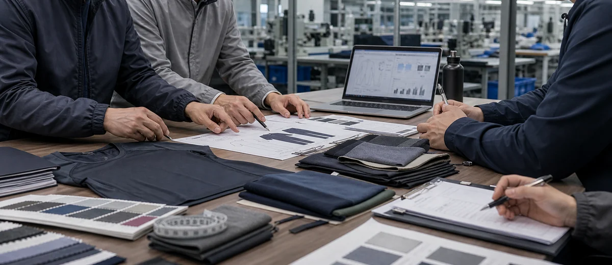 Sourcing director seated across from Berun rep at factory office desk reviewing tech-pack documents
