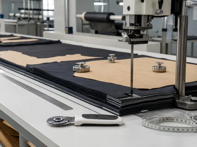 Cutting room cross-section with lay marker on long table and operator