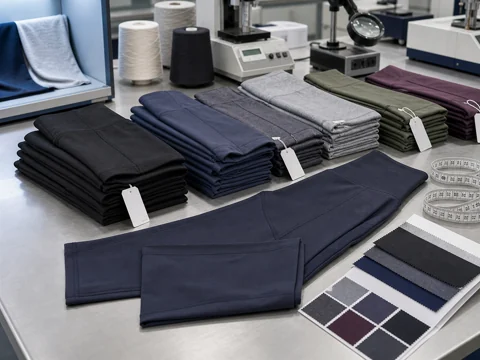 4-color performance leggings finished stack on warehouse shelf