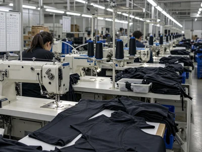 Production line running full with WIP garments at multiple stations