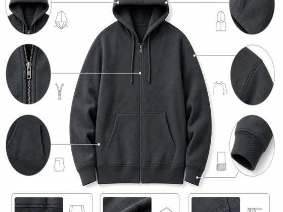 Men's hoodie construction detail — hood, drawcord, pocket, zip, rib