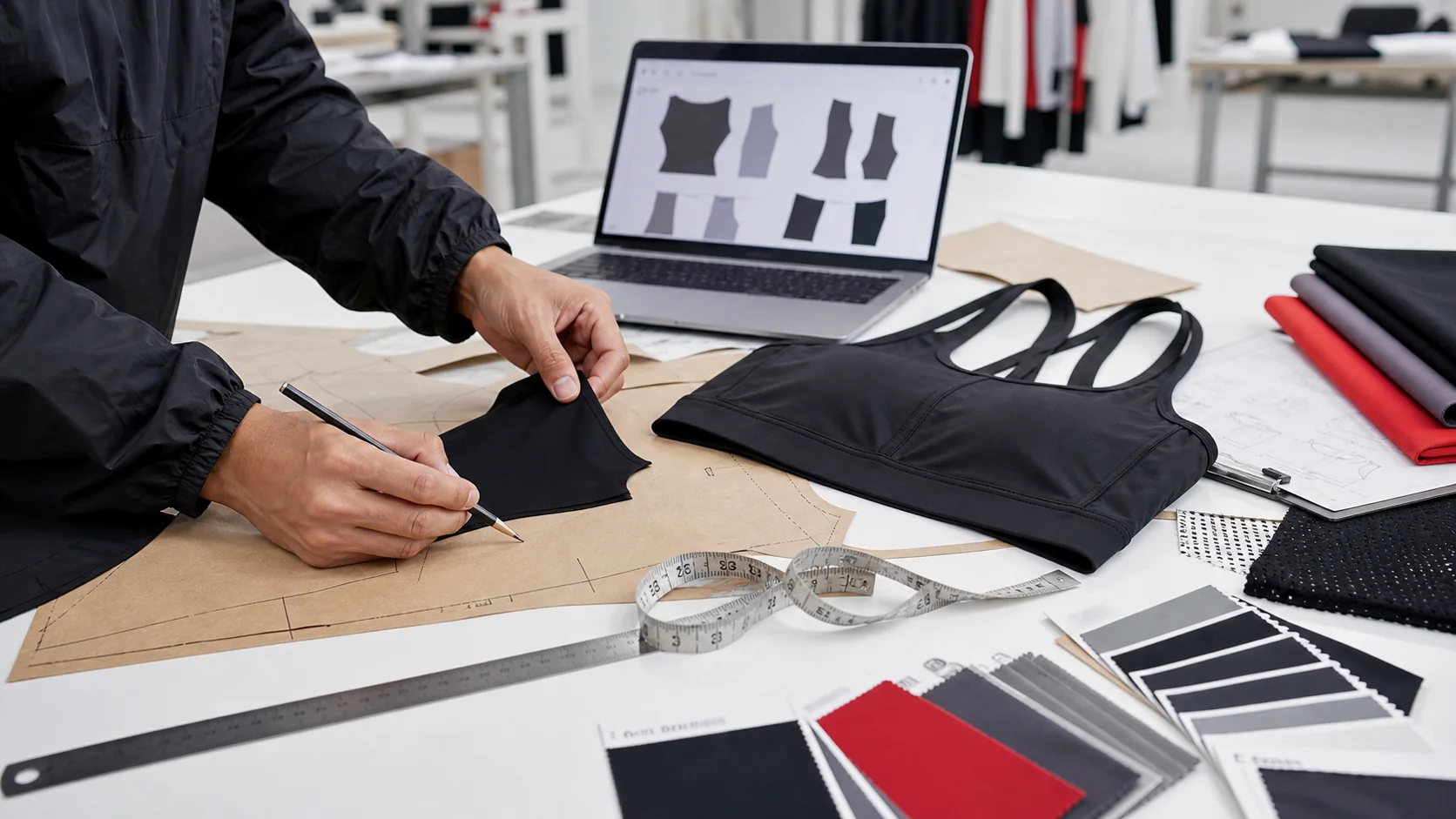 Tech-pack document and RFQ printout next to a reference garment on desk