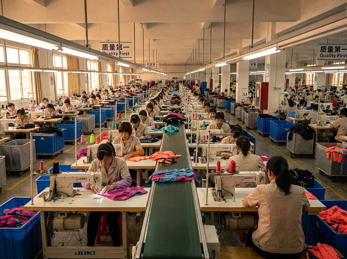 Bulk production sewing floor with operators running the activewear line