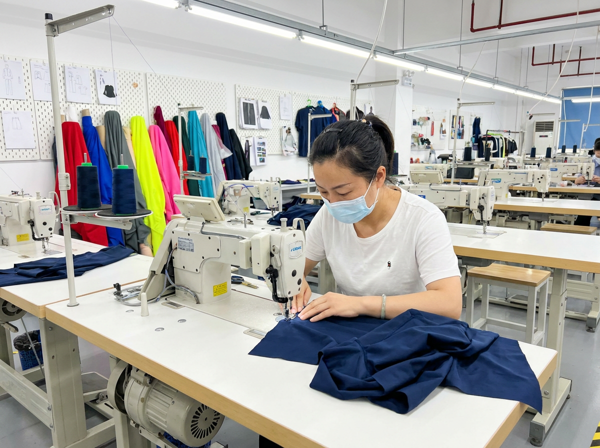 Sewing a single prototype sample in the sampling room before bulk