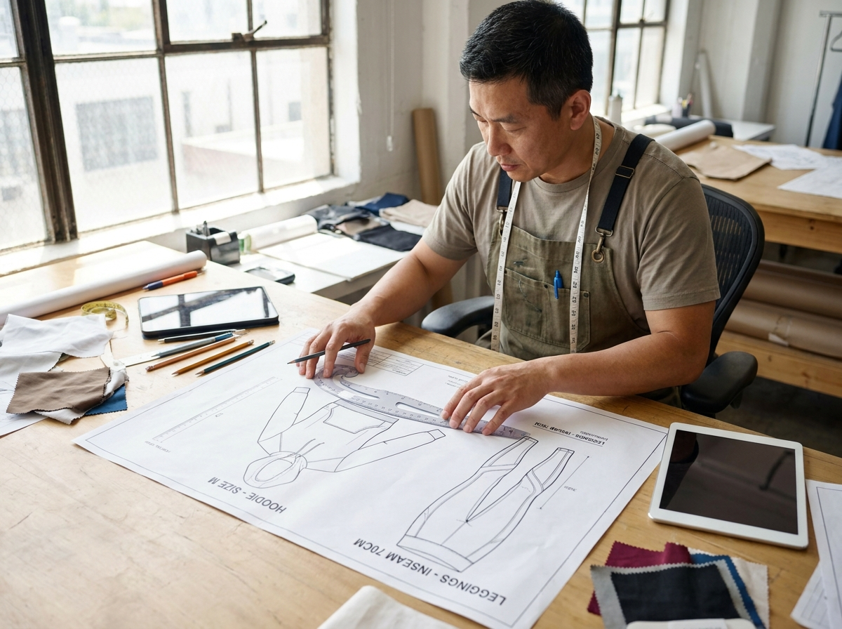 Pattern maker drafting a tech-pack spec sheet with ruler and measurements