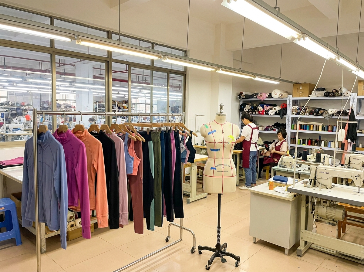 Sampling room with sewn prototype garments on a fitting rack awaiting buyer approval