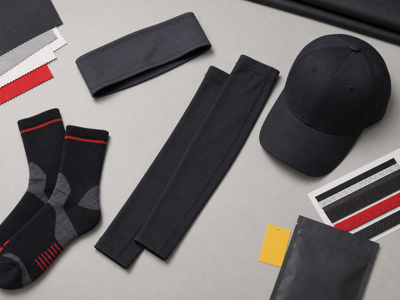 Headband, arm sleeve, socks and cap matching combo flat-lay