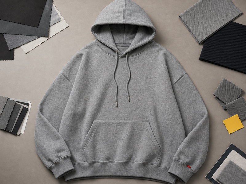 Grey oversized hoodie flat-lay on neutral background