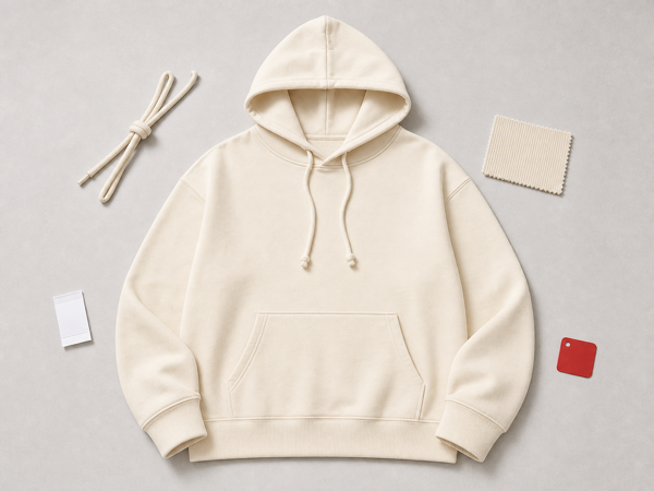 Cream pullover hoodie flat-lay with kangaroo pocket and ribbed cuff detail