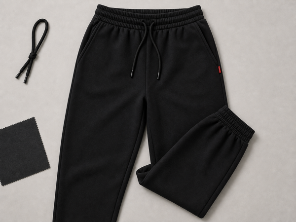 Black leisure pants flat-lay with drawstring waist and cuff detail