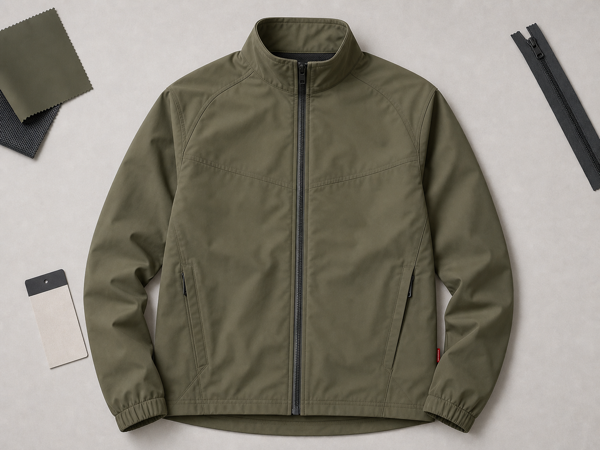 Olive green lightweight sport jacket flat-lay showing zipper and panel seams