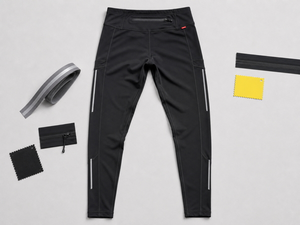 Black full-length running tights with reflective trim detail