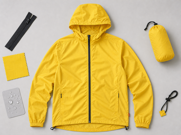 Yellow packable windbreaker flat-lay showing hood and elastic cuff