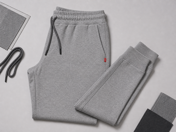 Gray joggers flat-lay showing elastic cuff detail