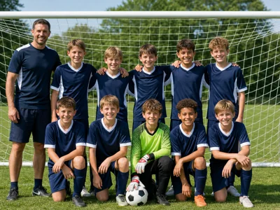Youth soccer team photo in matching custom kits