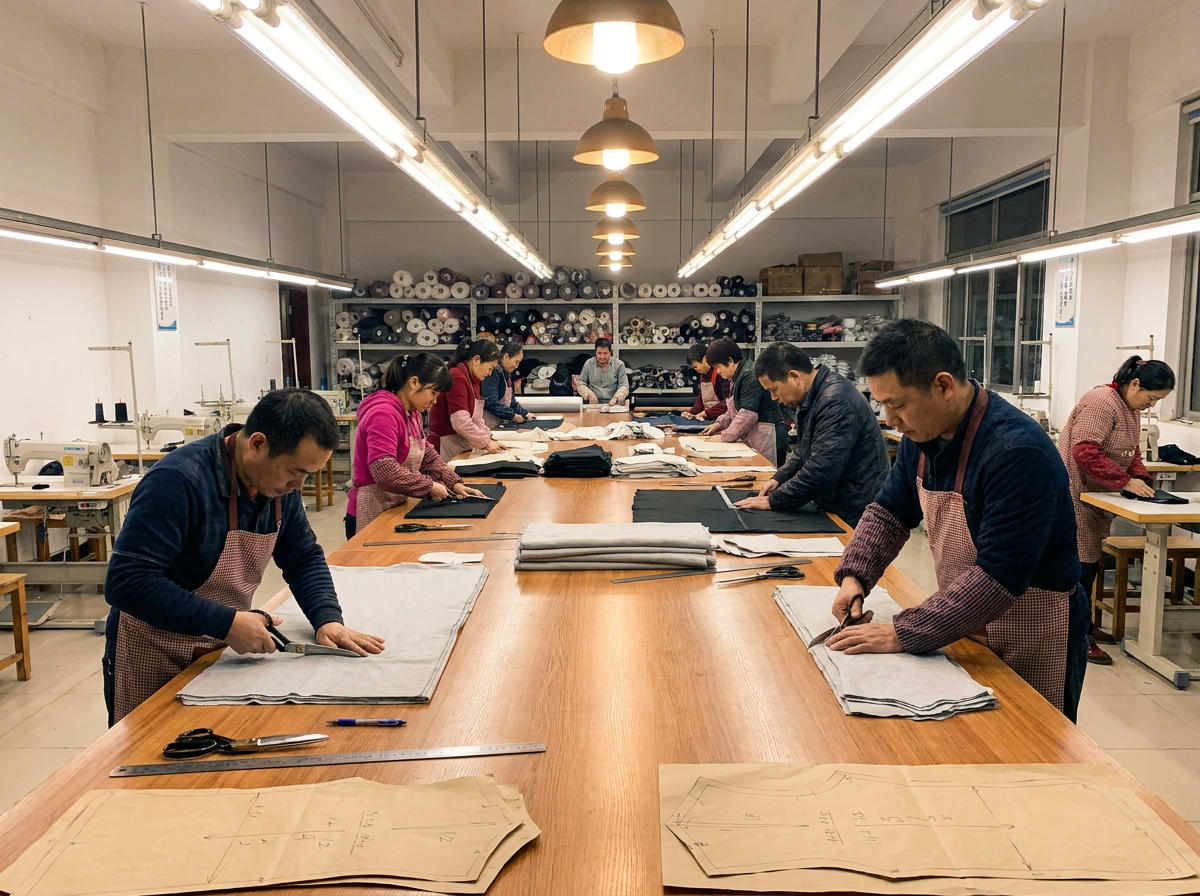 OEM cut-and-sew workshop with pattern markers laid on the cutting table