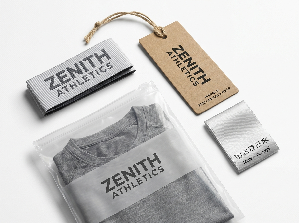 Private label garment with custom hangtag, care label and retail packaging