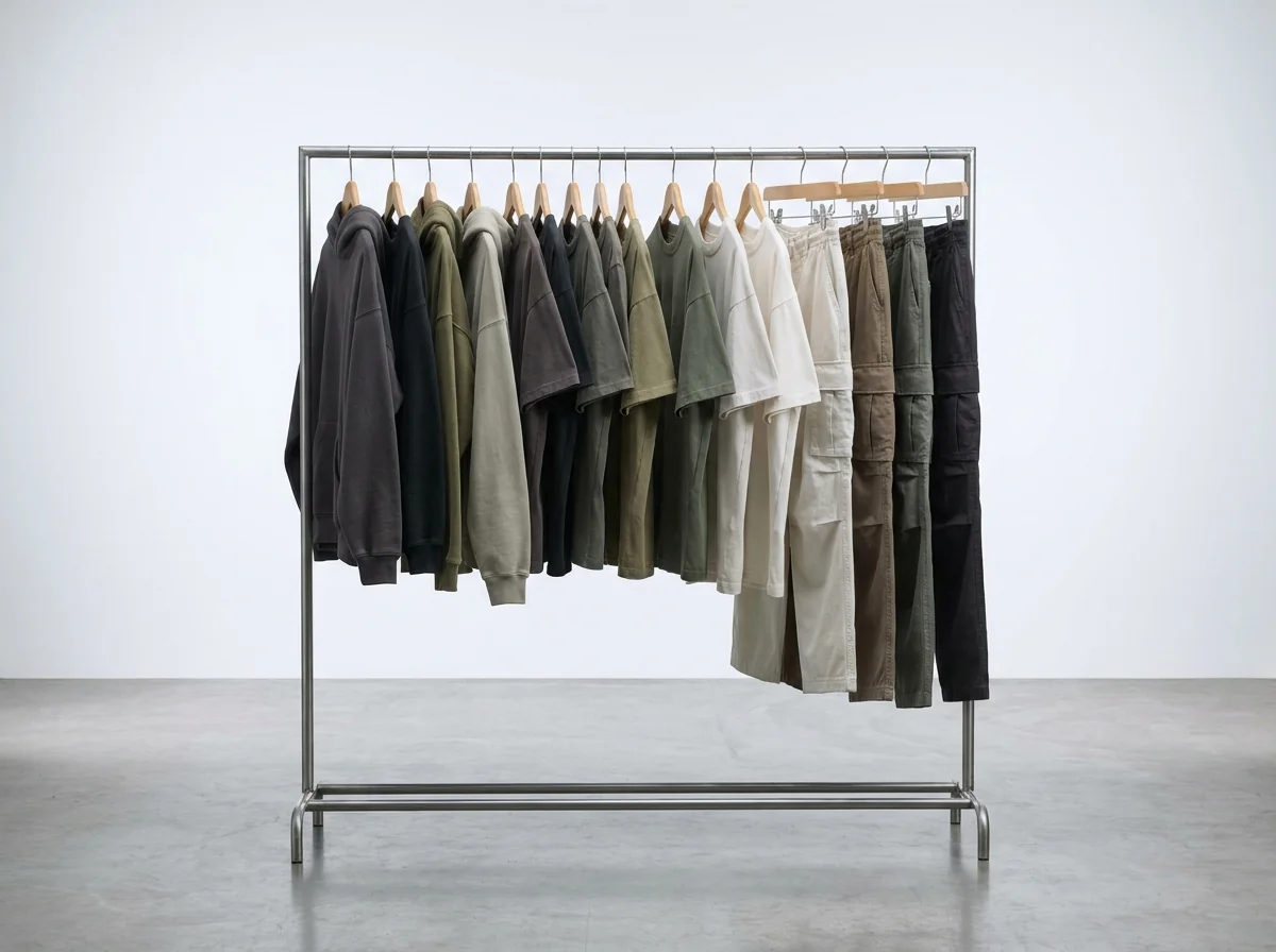 Streetwear drop rack of hoodies and tees