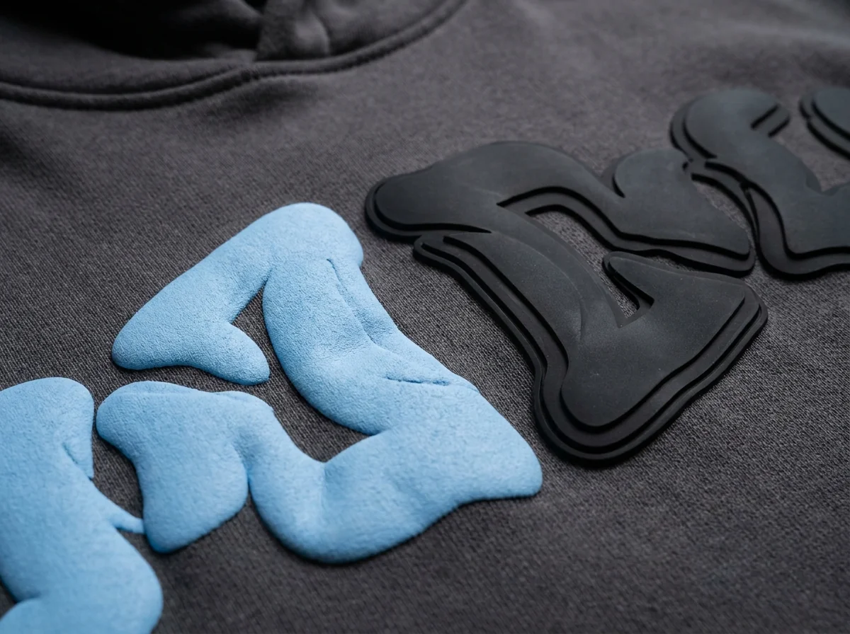 Screen print and puff print decoration detail on streetwear